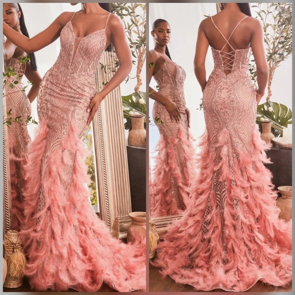 boutique Dresses & Skirts - Sparkly pink mermaid prom dress or formal dress with feathers